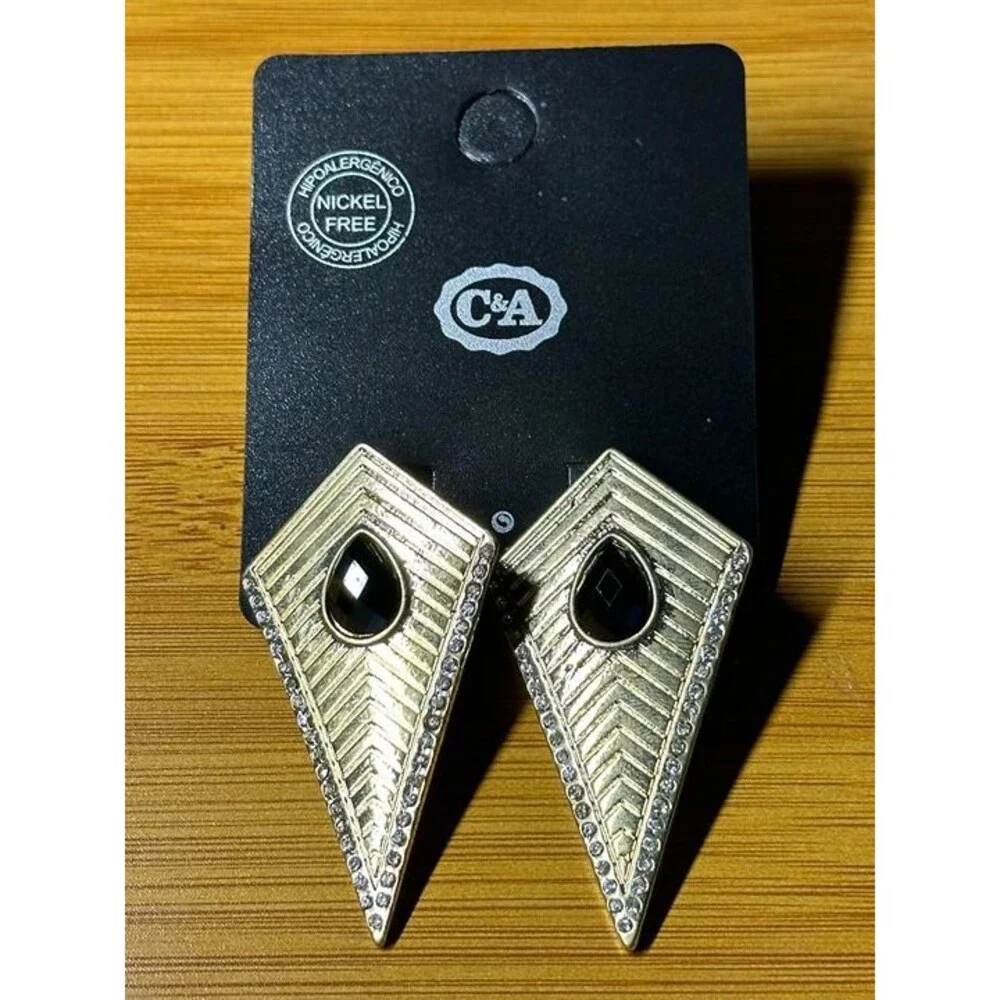 C&A Gold Tone Geometric Kite Dagger Drop Earrings Black Stone Rhinestone New